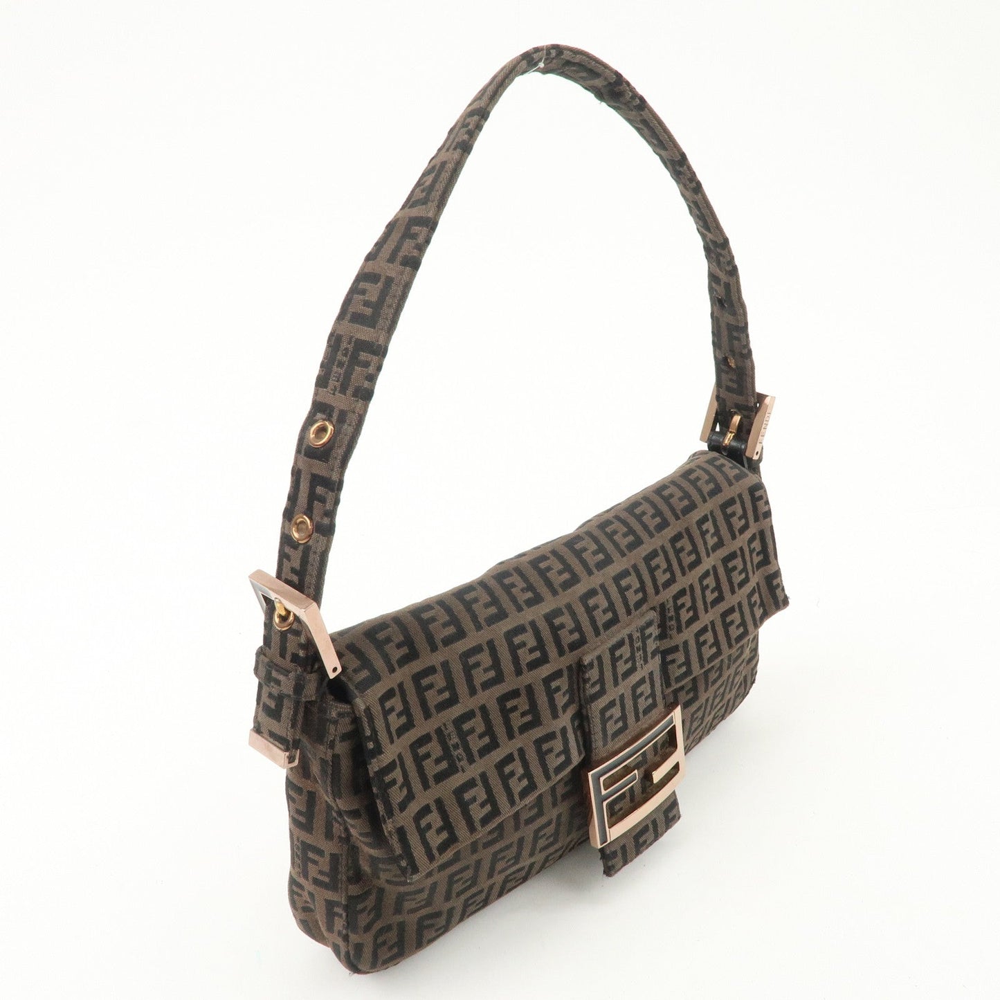 FENDI Mamma Baguette Canvas Shoulder Bag Brown Black 26424