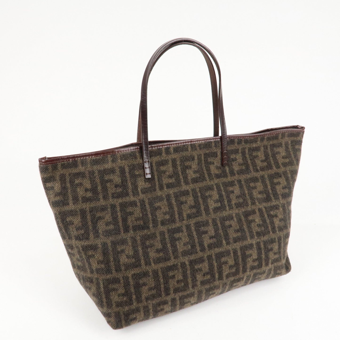 FENDI Zucca Wool Leather Tote Bag Khaki Black Dark Brown