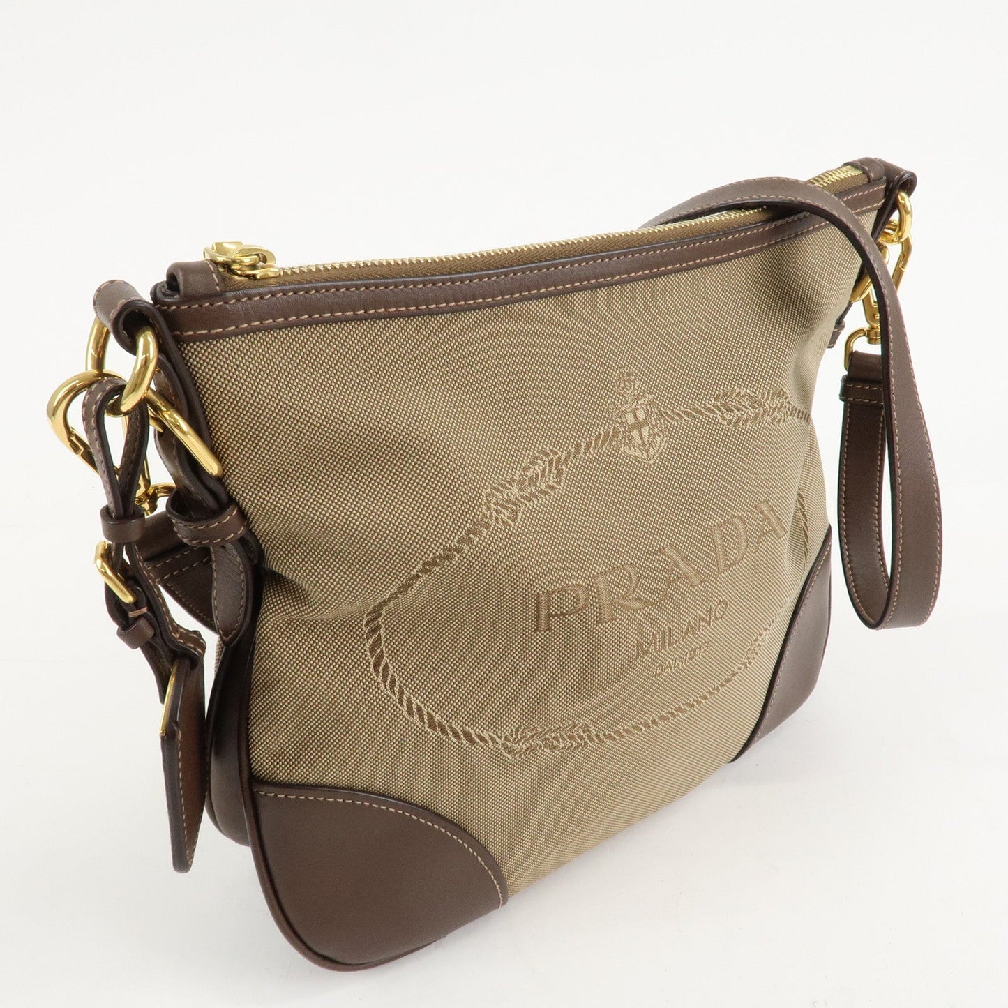 PRADA Jacquard Leather Shoulder Bag Purse Beige Brown BT867A