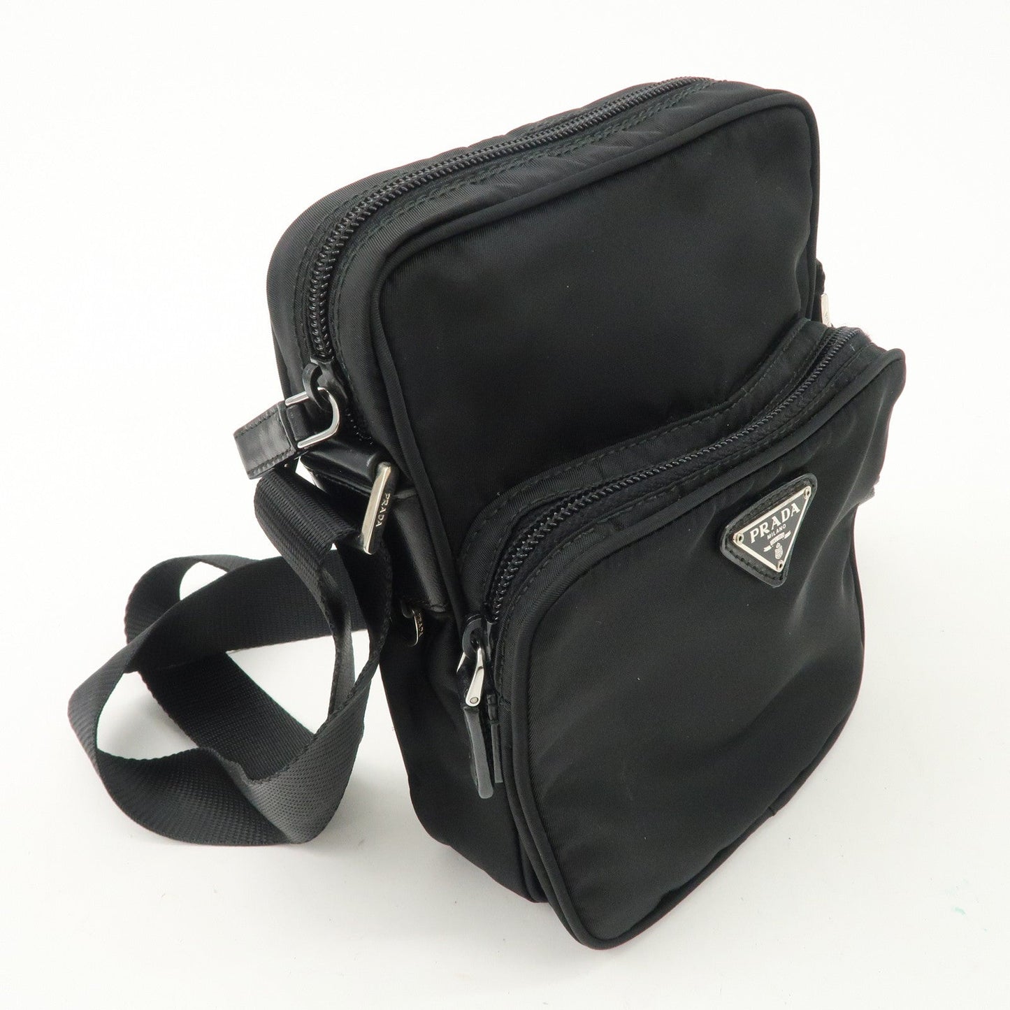 PRADA Triangle Logo Nylon Leather Shoulder Bag Purse Black BT0169