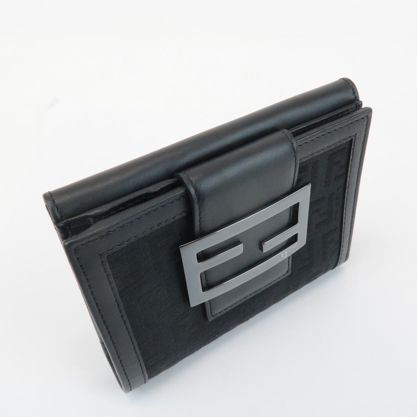 FENDI Zucchino Canvas Leather Double Hook Wallet Black 8M0035