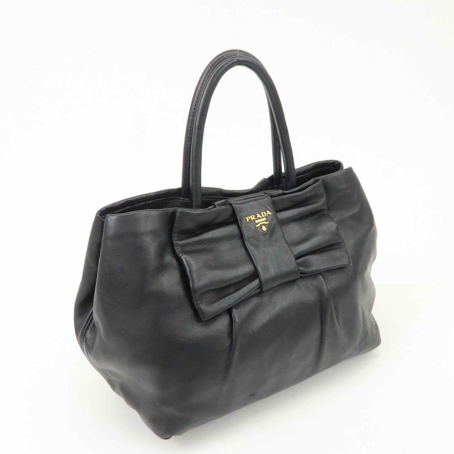 PRADA Leather Ribbon Tote Bag Hand Bag NERO Black BN1601