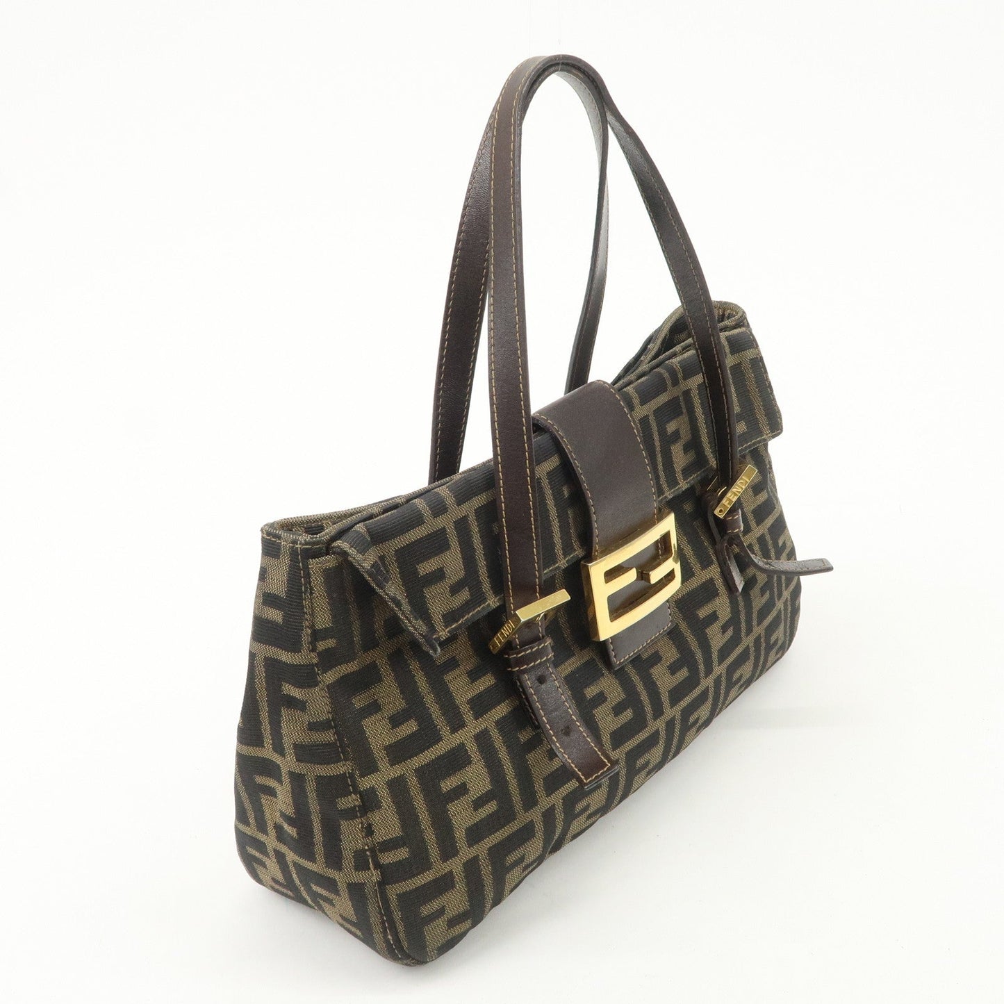 FENDI Zucca Canvas Leather Hand Bag Brown Black Gold Hardware