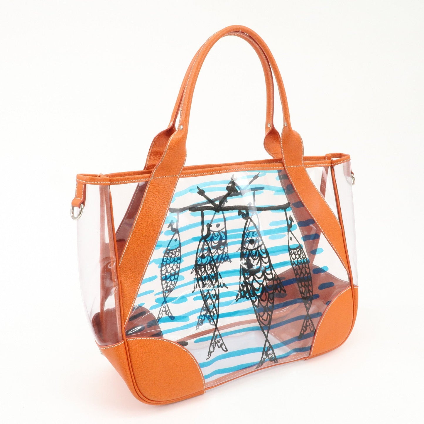PRADA PVC Leather Fish Print Clear Tote Bag Orange BR3020
