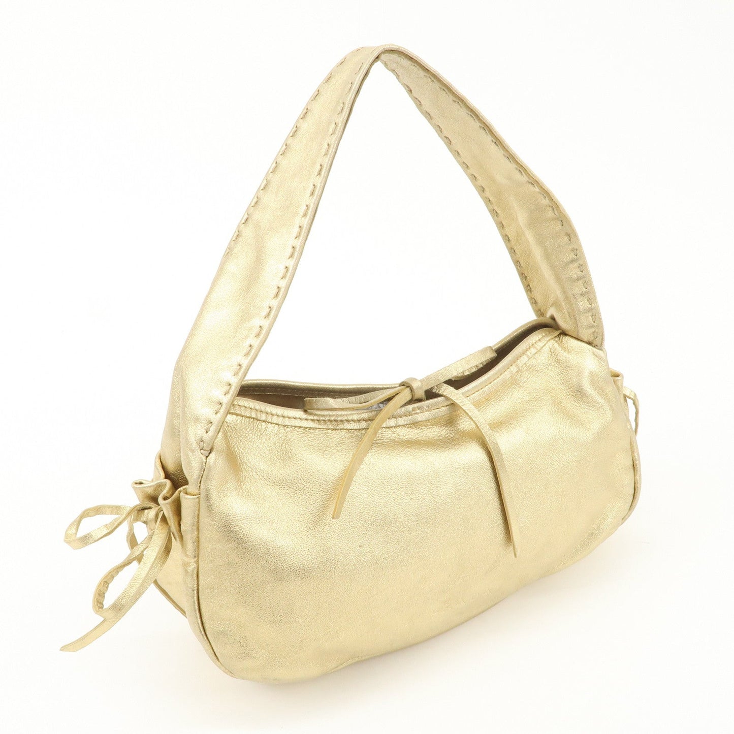 PRADA Leather Ribbon Hand Bag Shoulder Bag Gold