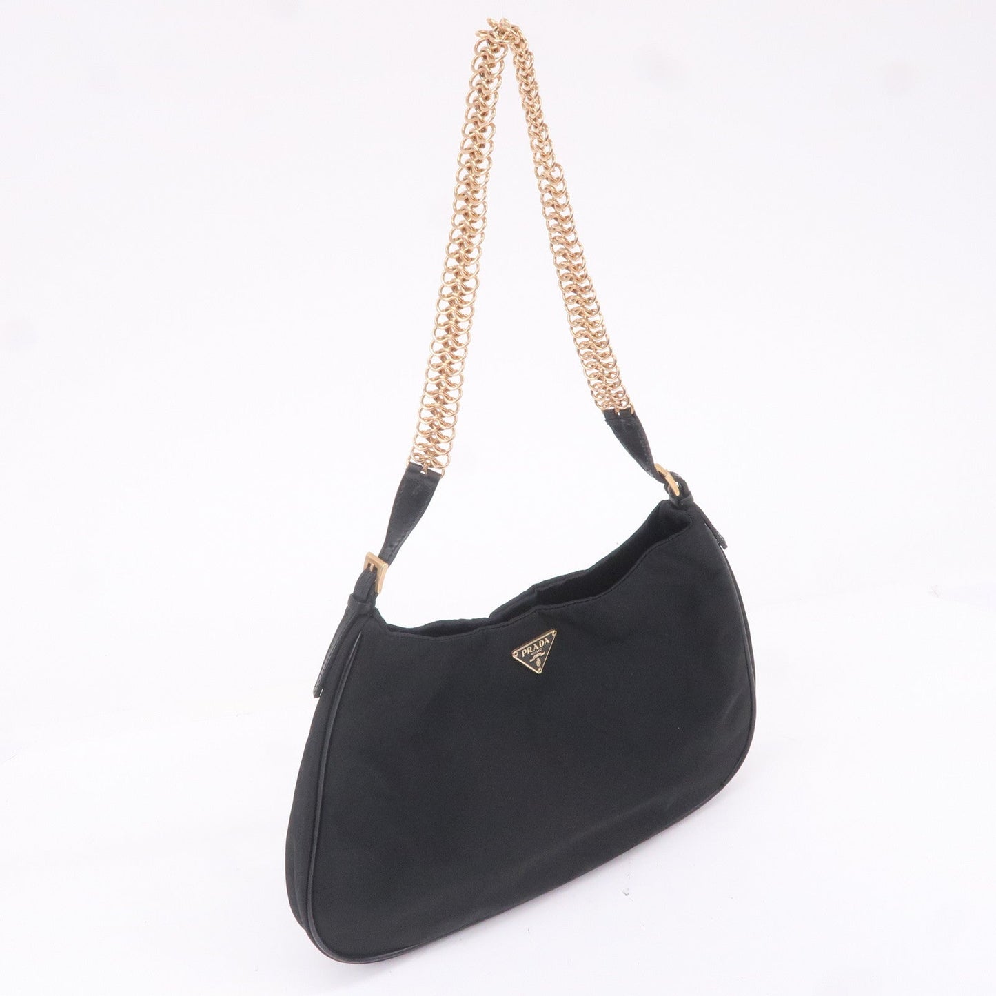 Prada Logo Nylon Leather Chain Shoulder Bag Purse Black