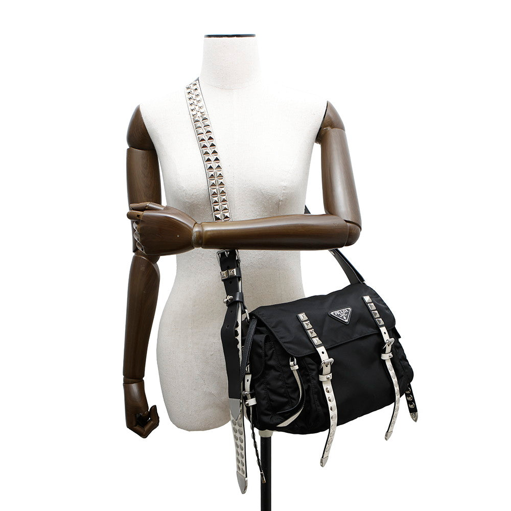 PRADA Studded Shoulder Bag Black/White1BD118 Nylon Leather
