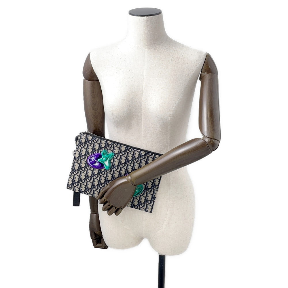 Dior Kenny Scharf Collaboration Oblique Clutch Bag Black/Beige Jacquard canvas