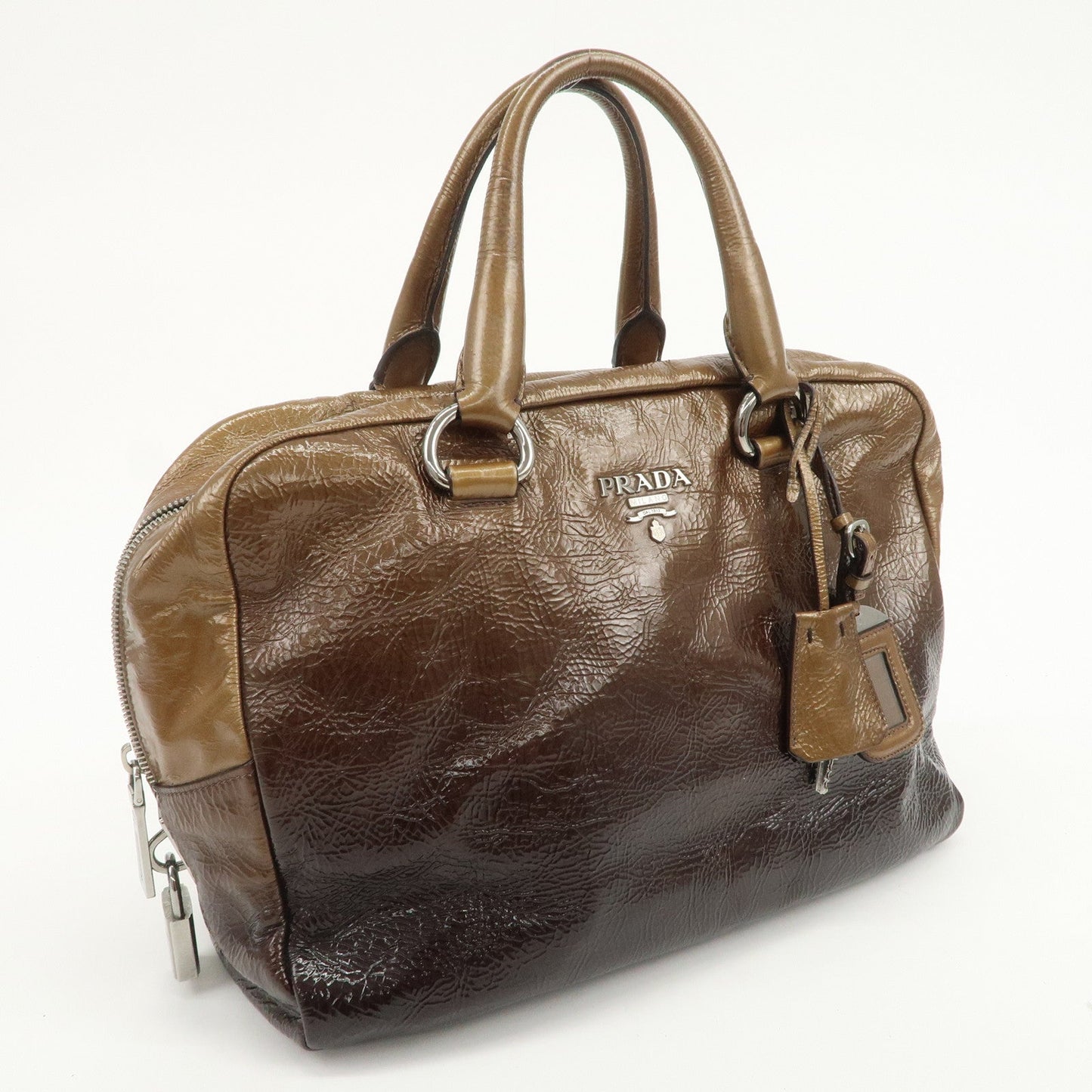 PRADA Logo Patent Leather Hand Bag Boston Bag Brown BL0555