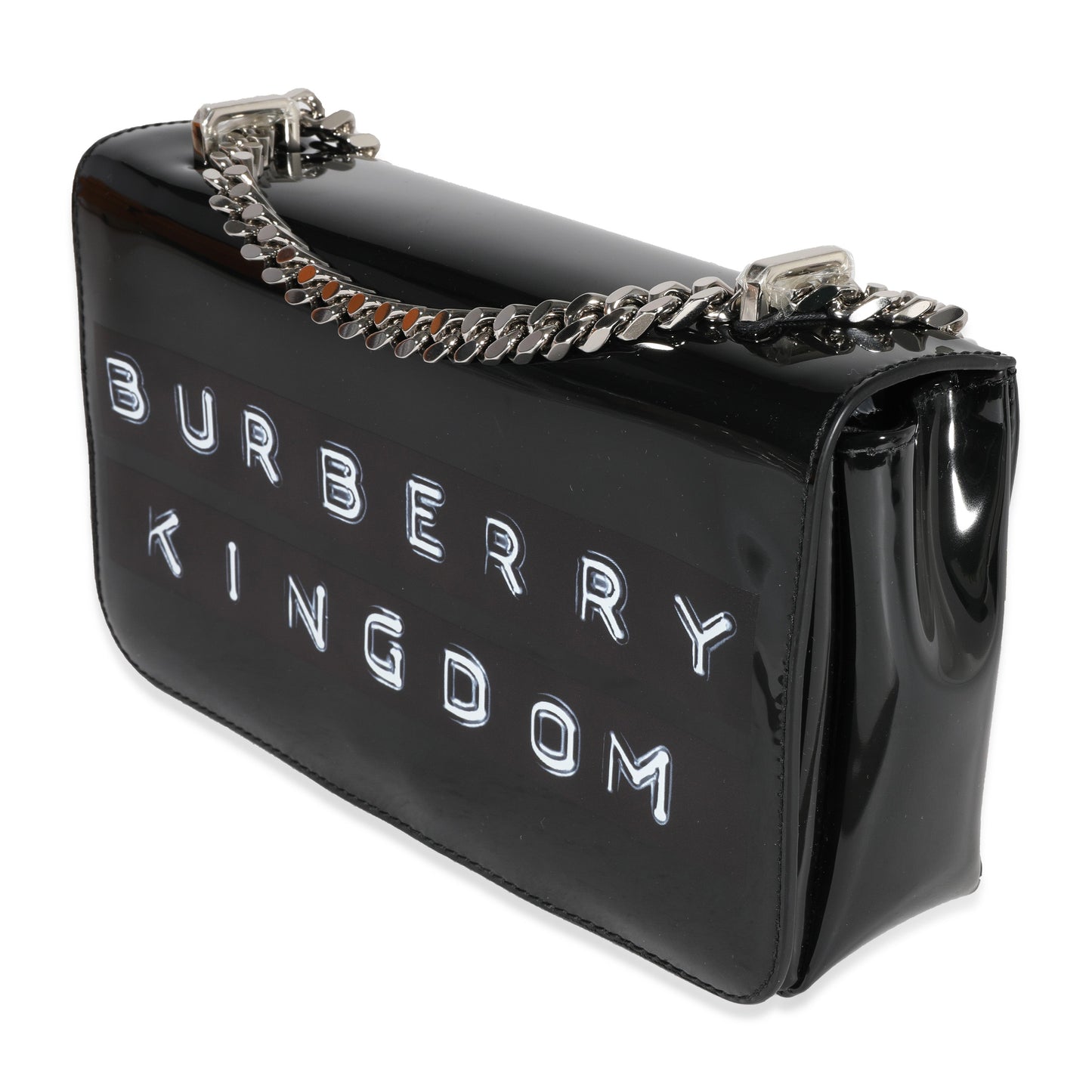 Burberry Black Patent Leather Tape Print Small Lola Bag