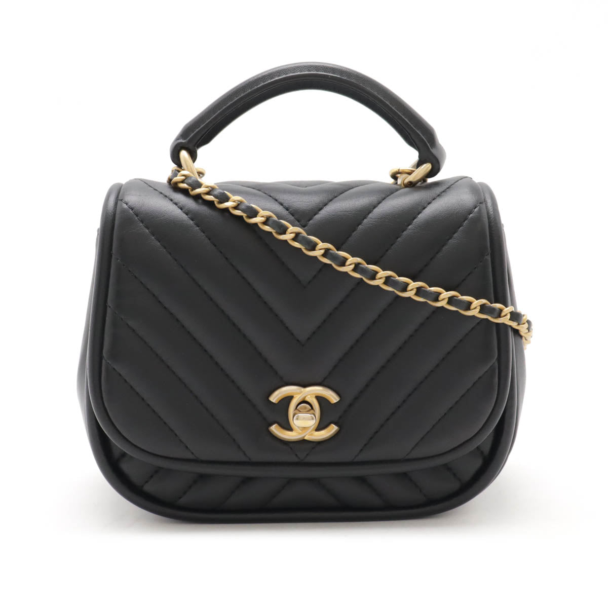 Chanel Chevron Coco Top Handle 2way Chain Shoulder Bag Black Leather