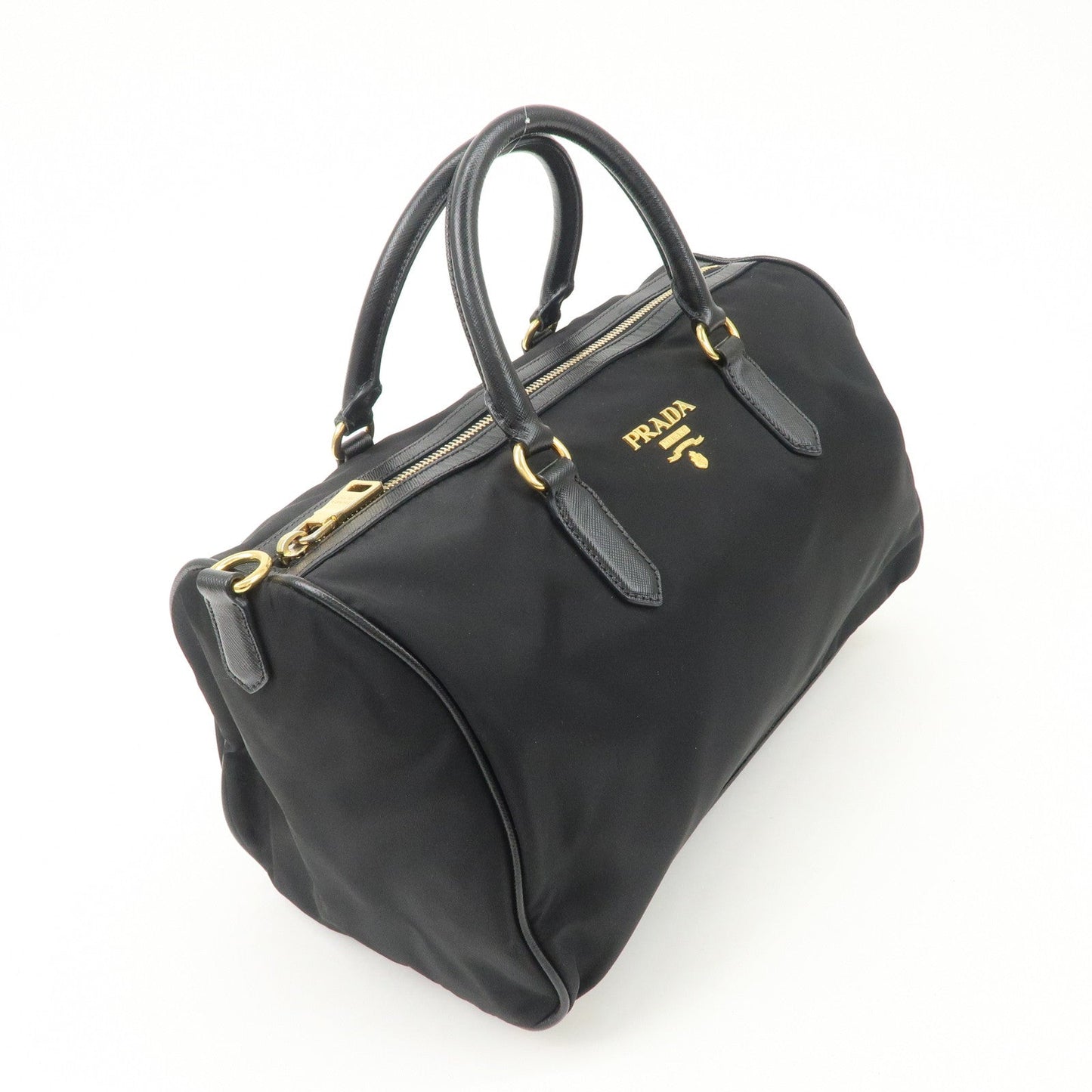 PPRADA Logo Nylon Leather Boston Bag Hand Bag Black Gold HDW