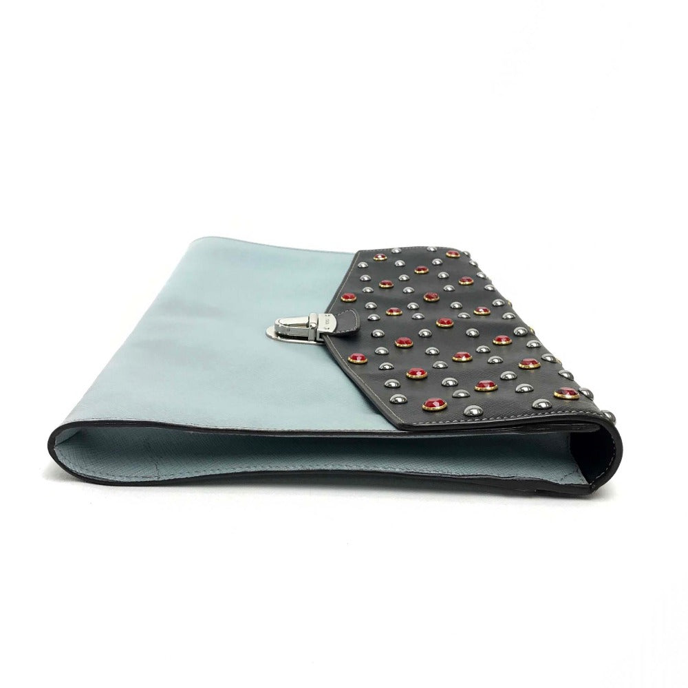 PRADA Clutch bag VR074C leather black Safiano Bijou x studs unisex(Unisex)