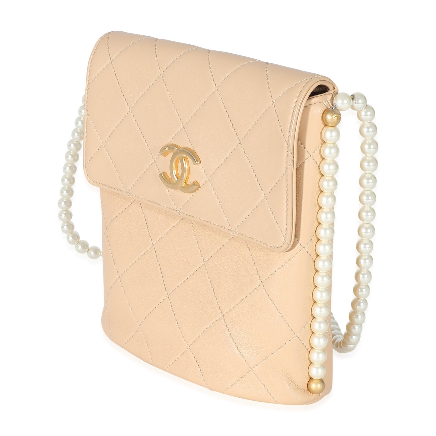CHANEL Beige Quilted Calfskin Small Pearl Chain Hobo