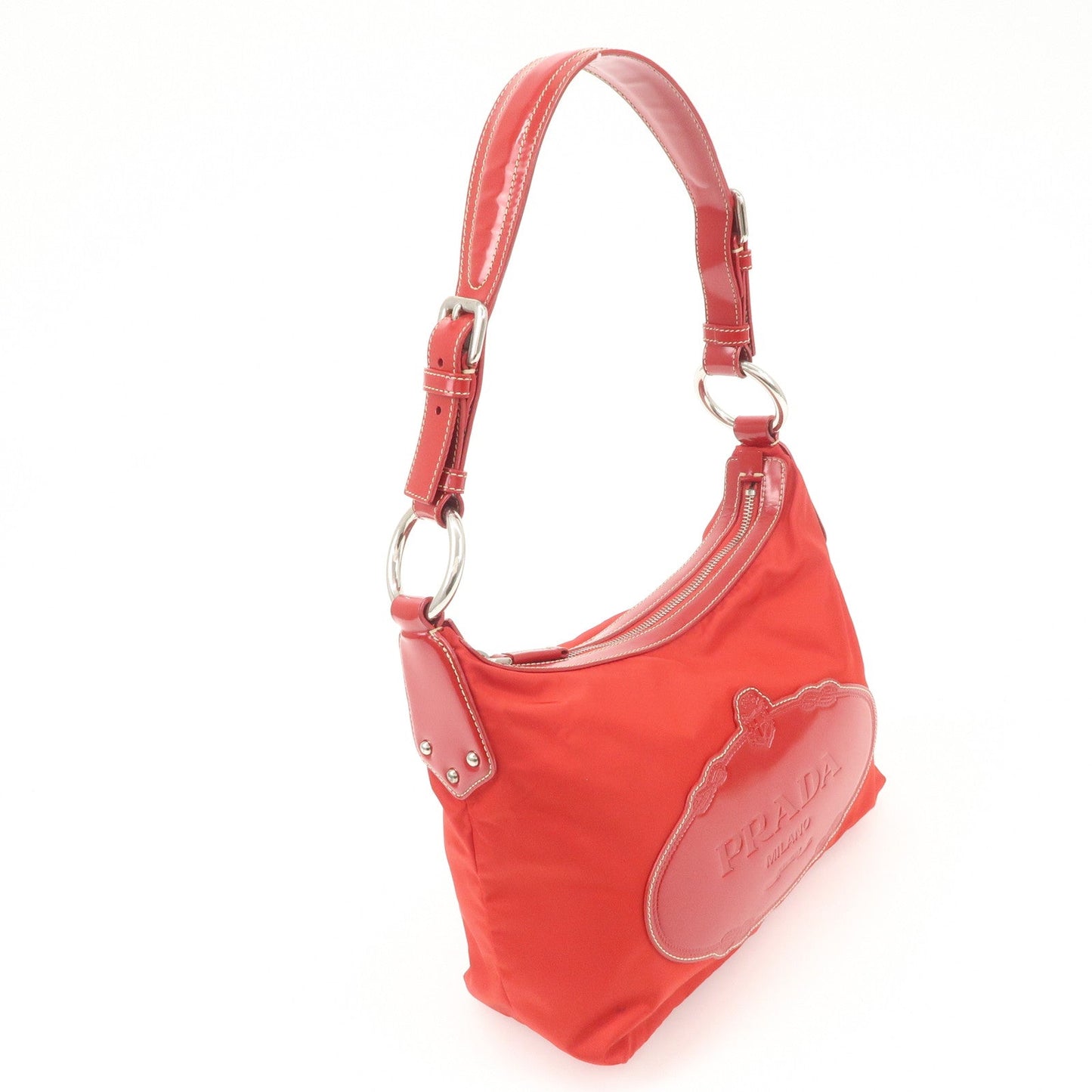 PRADA Logo Nylon Leather Shoulder Bag Silver HDW Red
