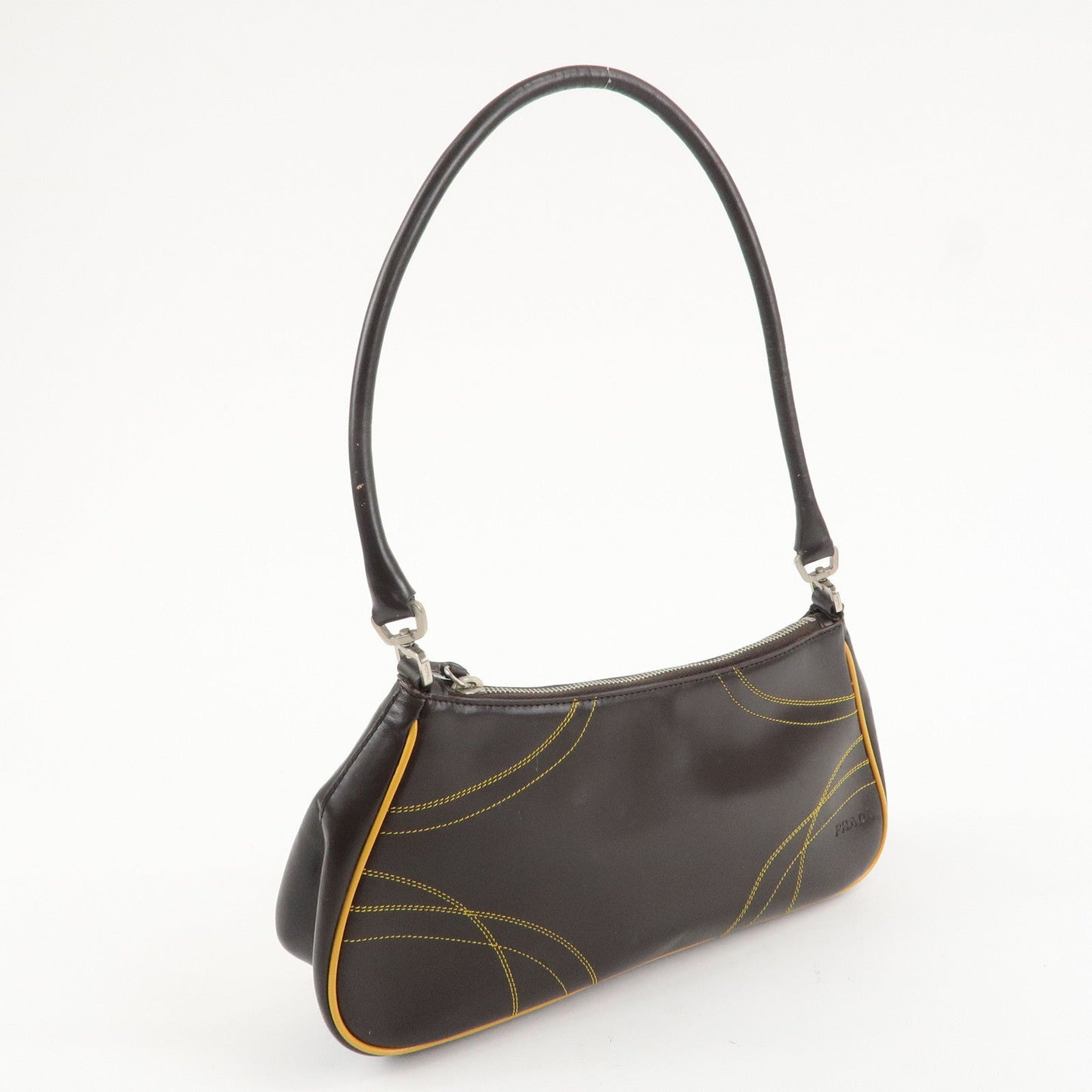 PRADA Logo Leather Shoulder Bag Hand Bag Brown Yellow B11055