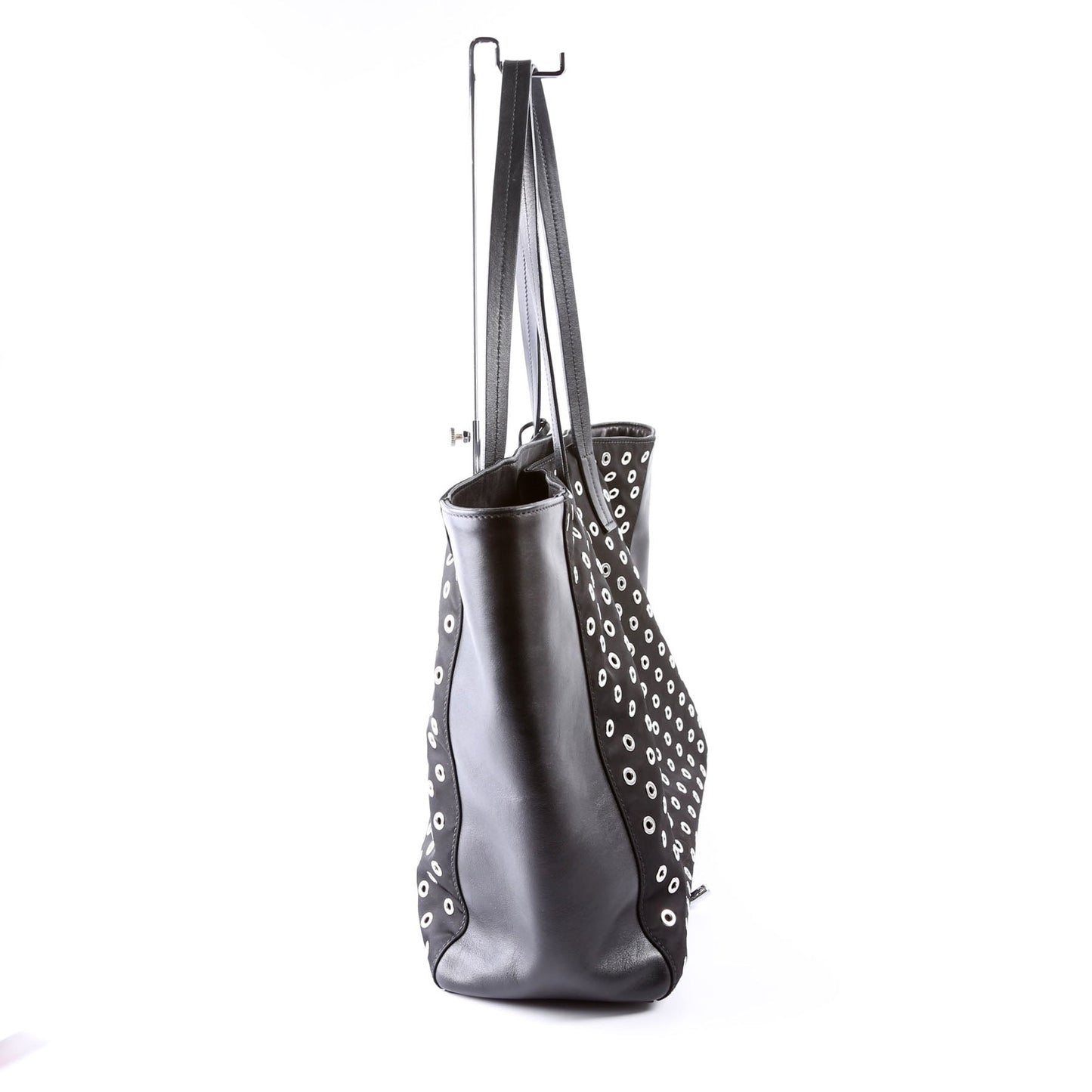 Prada Tressuto/Leather Grommet Tote Black/Silver Bag
