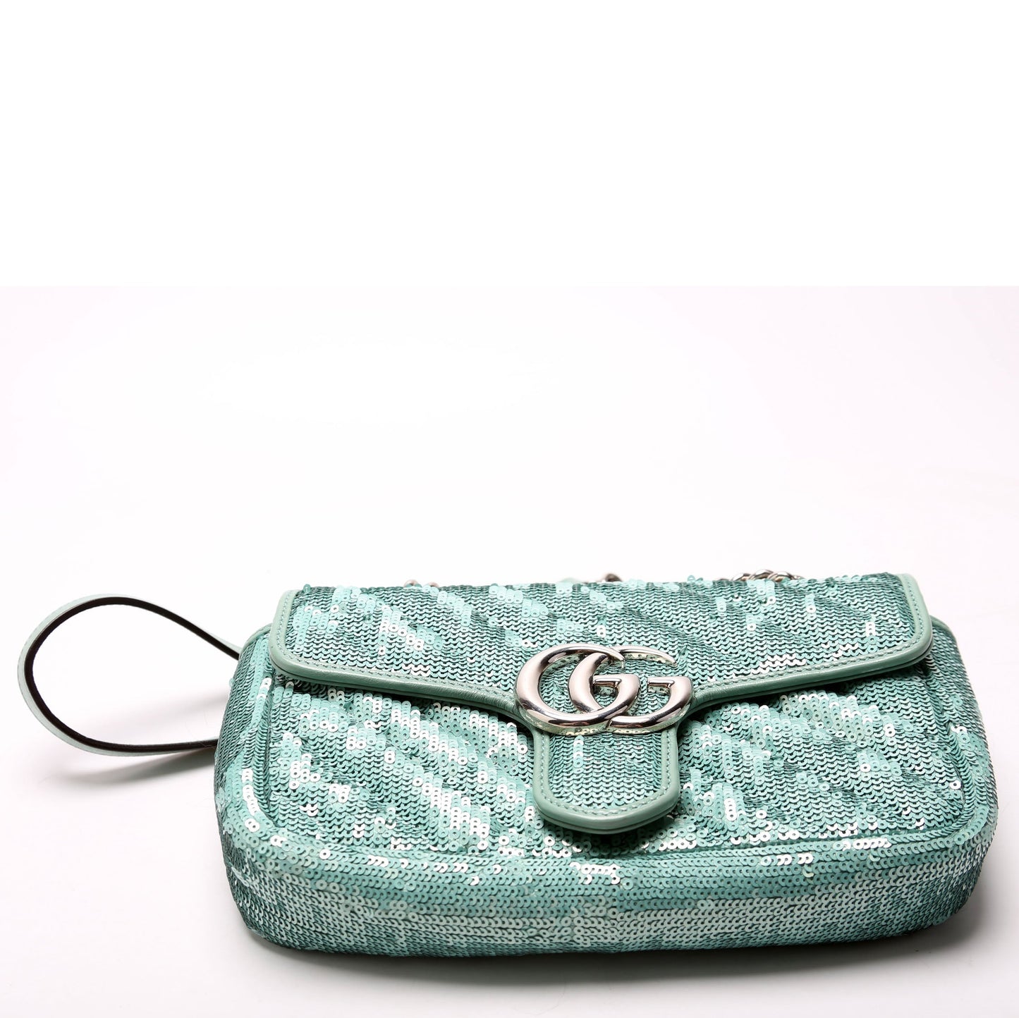 Gucci 446744 Marmont Sequin Shoulder Mini Flap Teal Bag