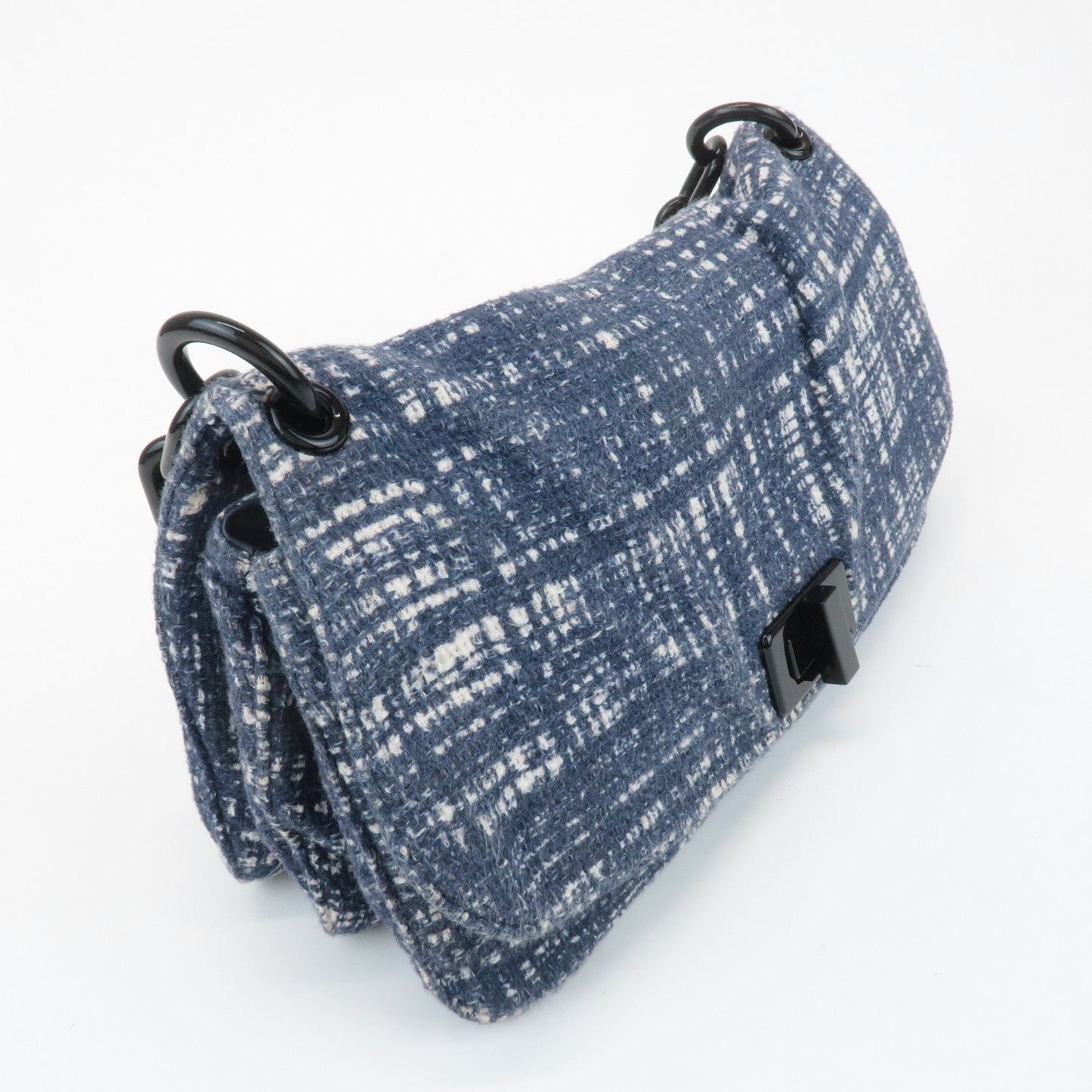 PRADA Tweed Leather Plastic Chain Shoulder Bag Navy White BR4874