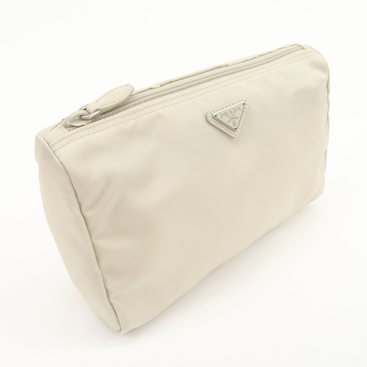 PRADA Triangle Logo Nylon Cosmetic Pouch Makeup Bag Ivory 1NA012