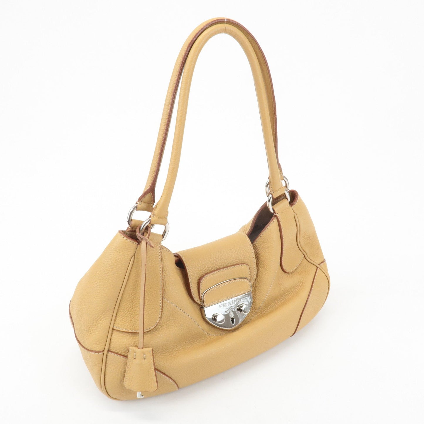 PRADA Leather Shoulder Bag Hand Bag Beige Silver HDW
