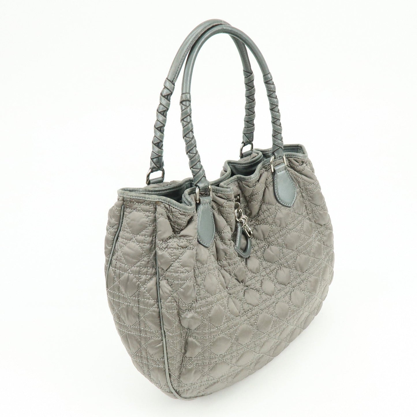Christian Dior Cannage Nylon Leather Tote Bag Shoulder Bag Gray