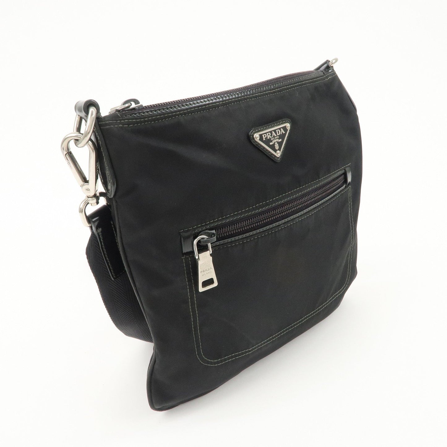 PRADA Triangle Logo Nylon Patent Leather Shoulder Bag Black