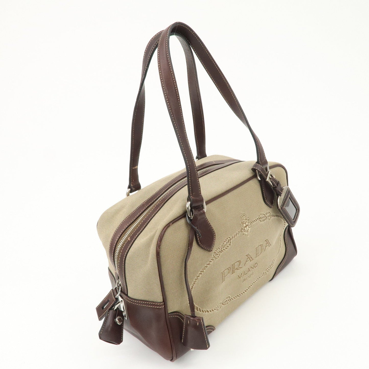 PRADA Logo Jacquard Leather Boston Bag Shoulder Bag Beige BL0260