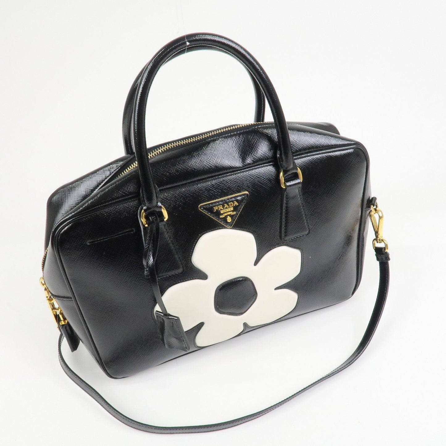 PRADA Flower Saffiano Leather 2Way Bag Hand Bag Black BL095M