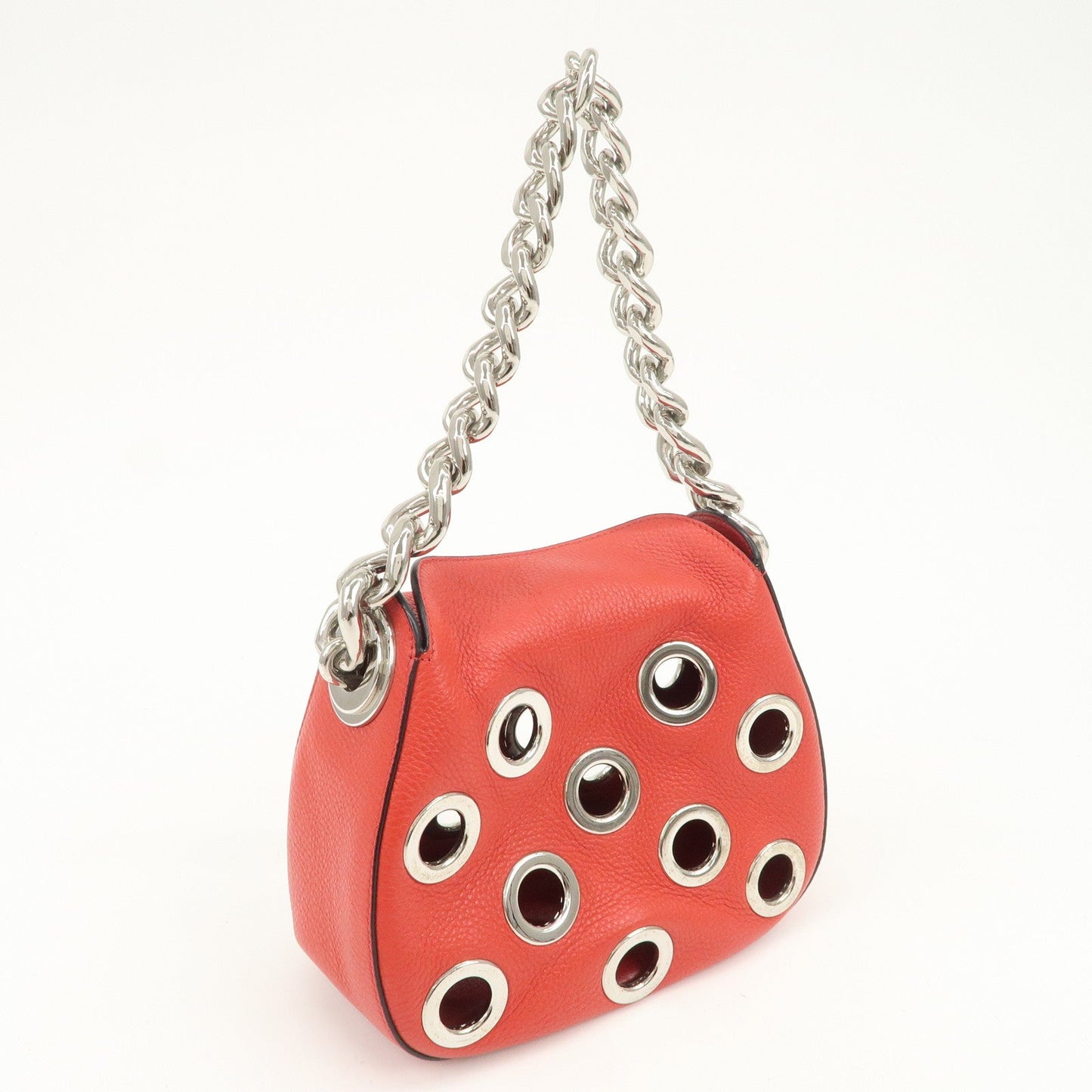 PRADA Logo Grommet Leather Chain Shoulder Bag Red Silver 1BA027