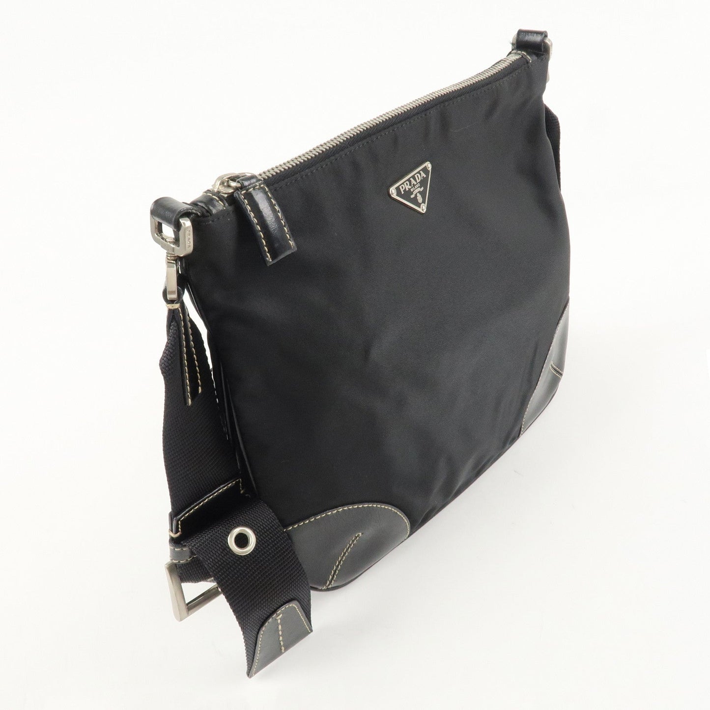 PRADA Triangle Logo Leather Nylon Shoulder Bag Crossbody Bag Black