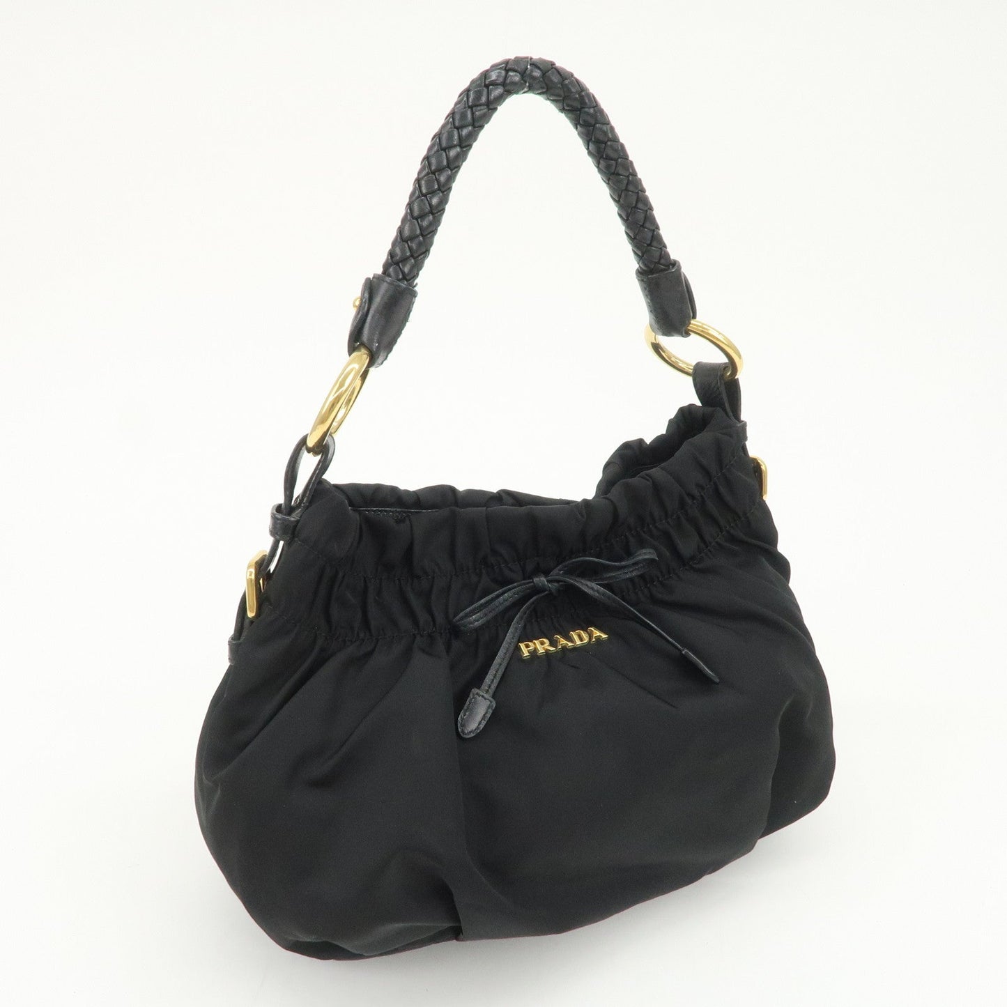 PRADA Nylon Leather Gathered Ribbon Shoulder Bag Hand Bag BR4237