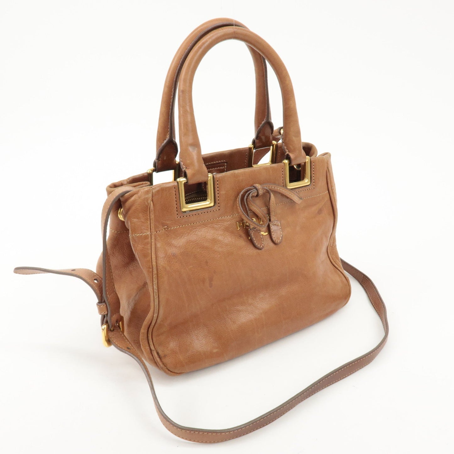 PRADA Logo Leather Ribbon 2Way Bag Hand Bag Brown BN2245