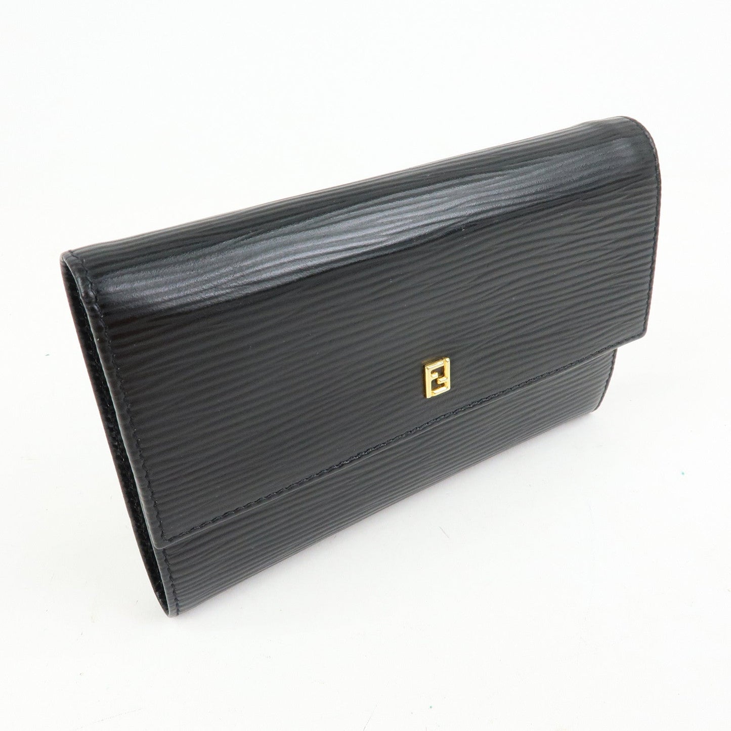 FENDI Embossed Leather Long Flap Wallet Black 30858