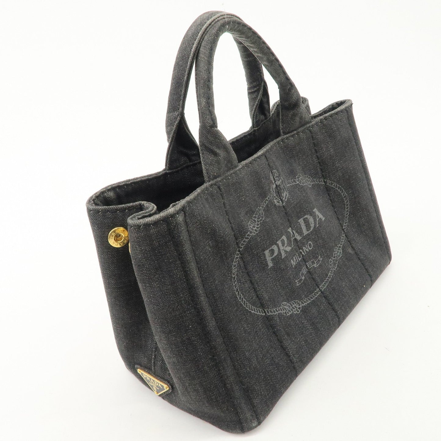 PRADA Logo Canapa Mini Denim 2Way Tote Bag Gray Gold HDW 1BG439
