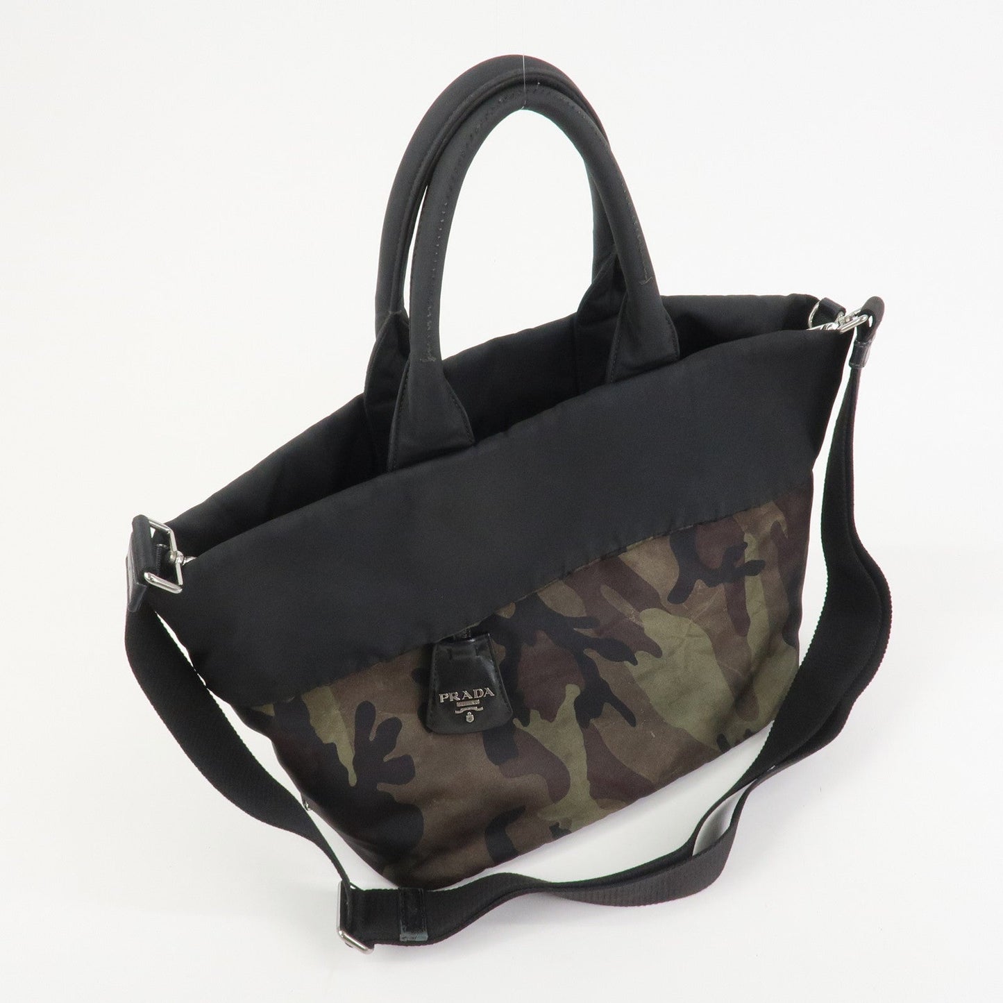 PRADATriangle Logo Nylon 2Way Hand Shoulder Bag Black Khaki BN1959