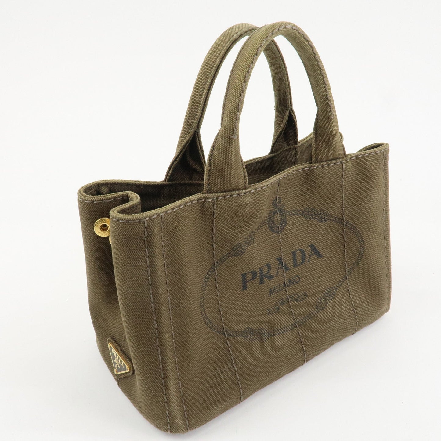 PRADA Logo Canapa Mini Canvas Tote Bag Hand Bag Khaki BN2439
