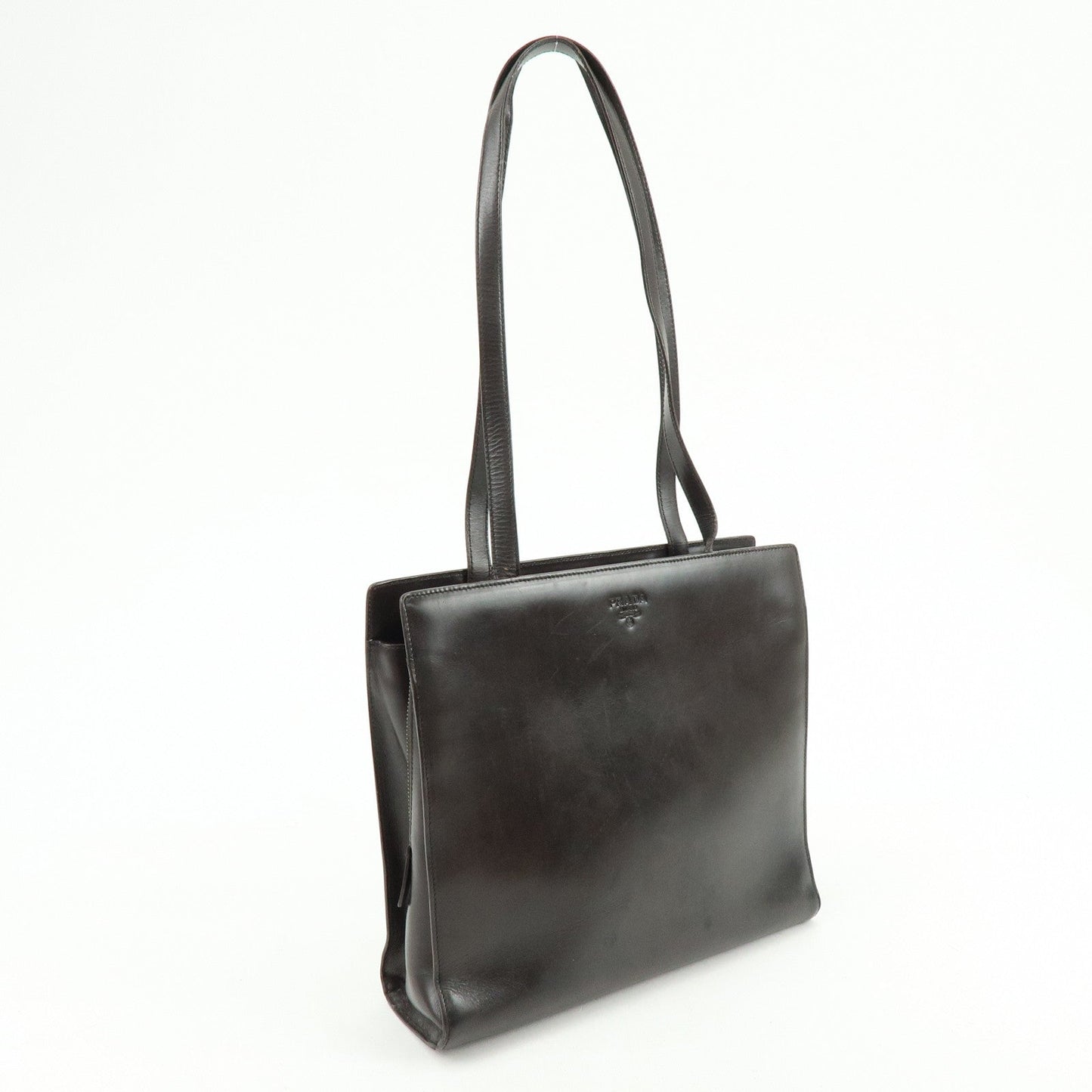 PRADA Logo Leather Tote Bag Shoulder Bag Dark Brown