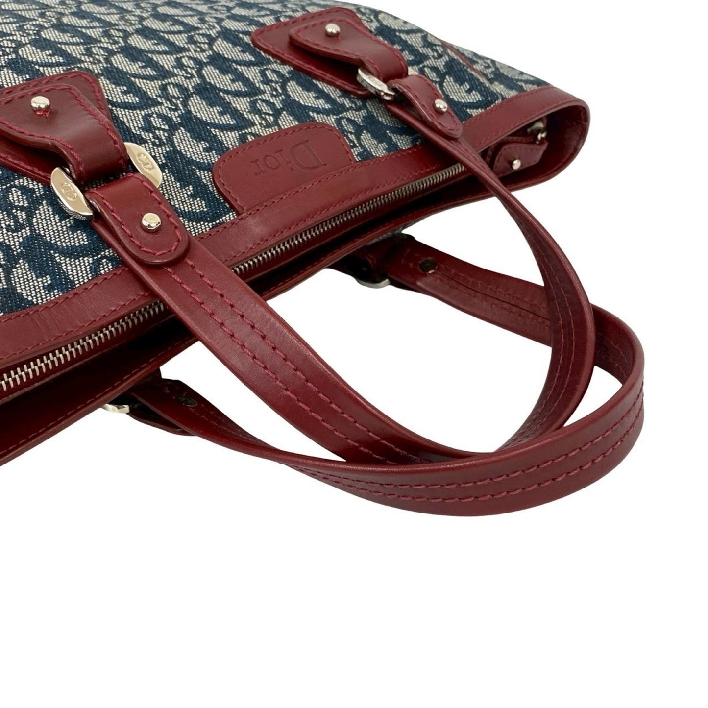 Christian Dior Navy Wine Canvas Leather Handbag Tote Bag ()