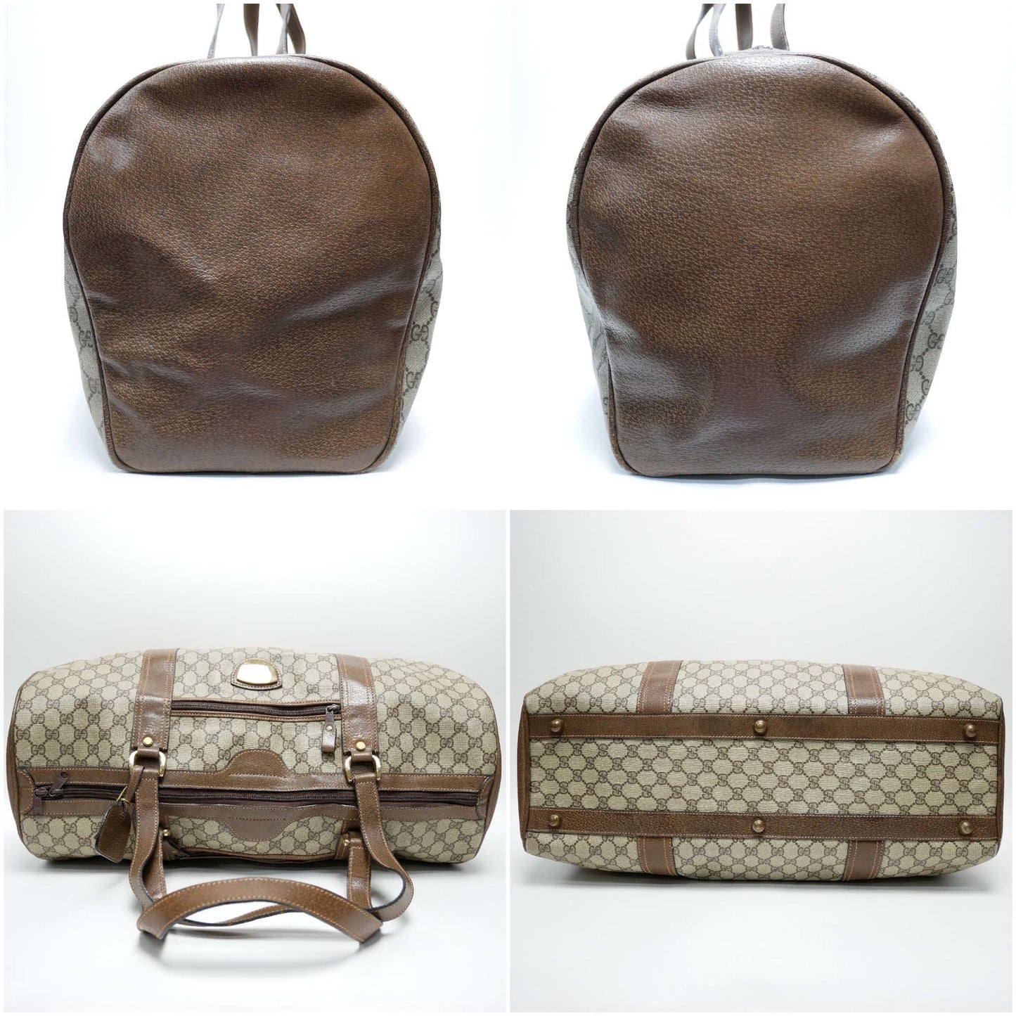 GUCCI Old Gucci Travel Bag Boston Unisex 1970's 70'S GG Pattern / Pigskin Gold Hardware Brown Beige
