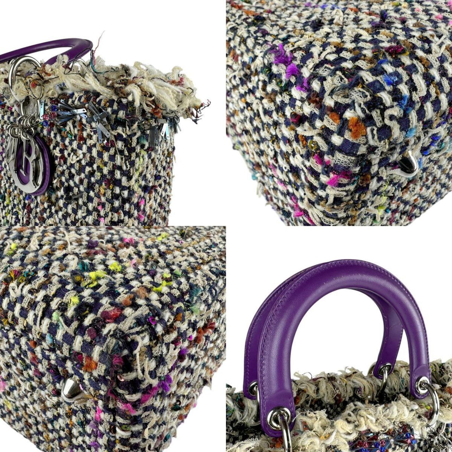 Christian Dior Multi-Color Purple Tweed Leather Handbag Shoulder Bag ()