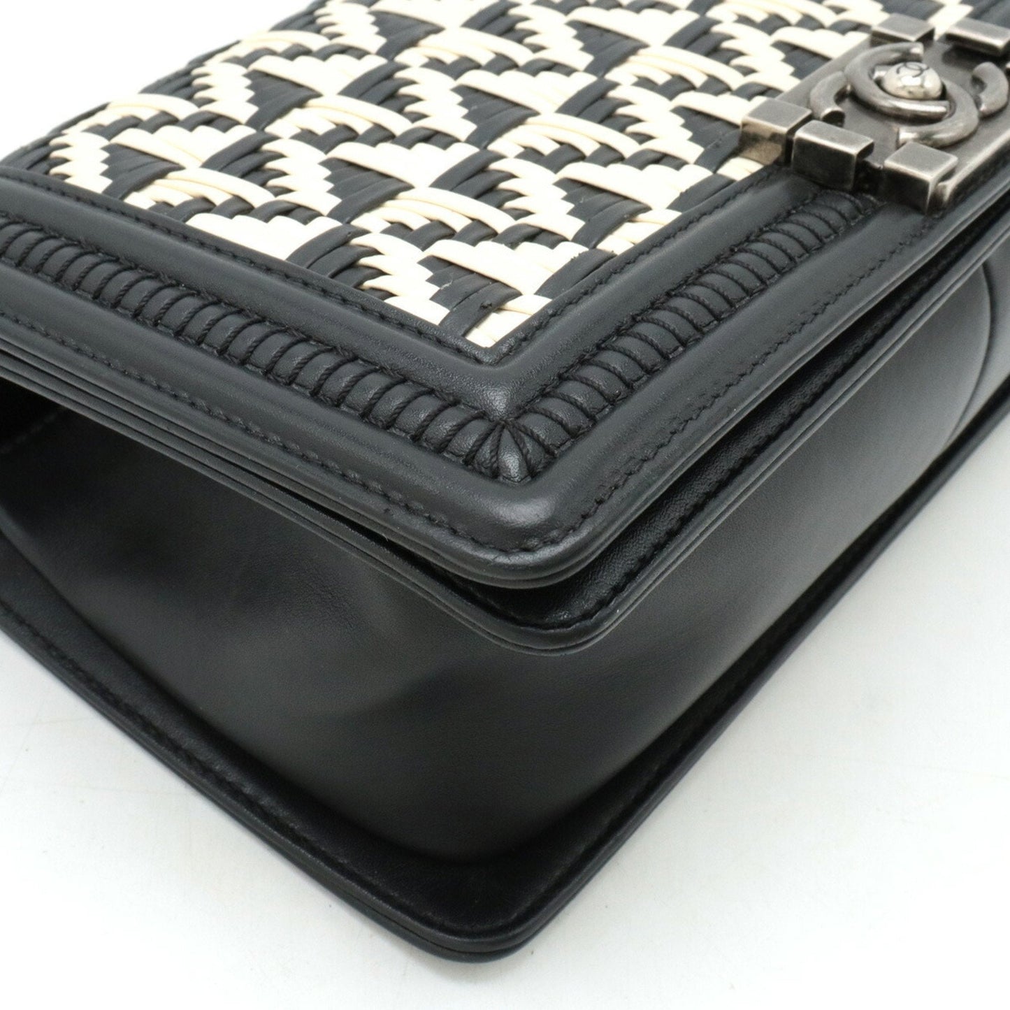 CHANEL Boy Chanel Coco Mark Chain Shoulder Bag Geometric Pattern Bicolor Leather Black White
