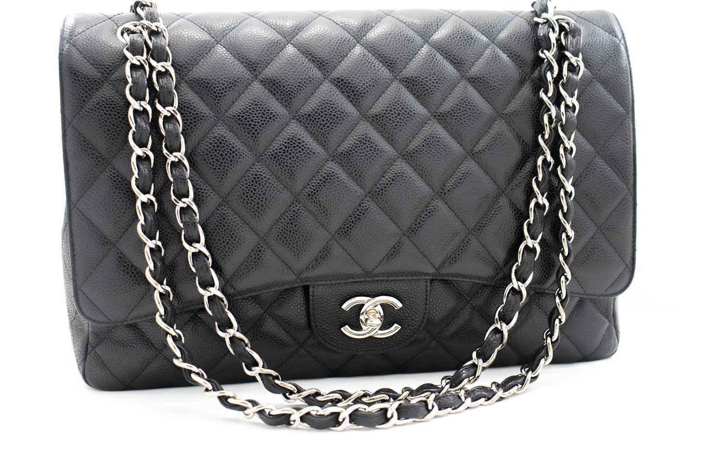 CHANEL Caviar Grained Calfskin Flap Chain Shoulder Bag Black 13"