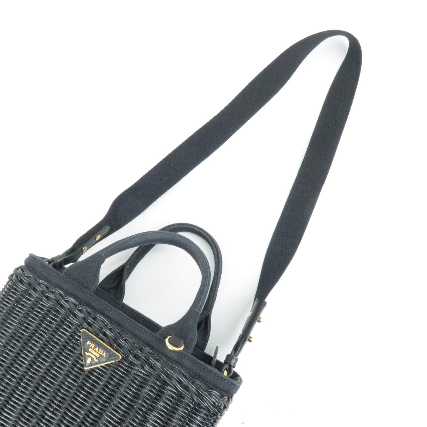 PRADA Wicker Canvas 2Way Basket Bag Hand Bag Nero Black