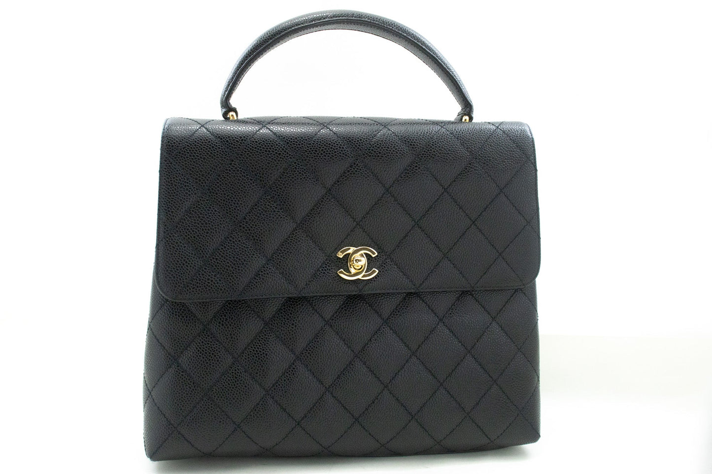 CHANEL Caviar Handbag Top Handle Bag Kelly Black Flap Leather Gold