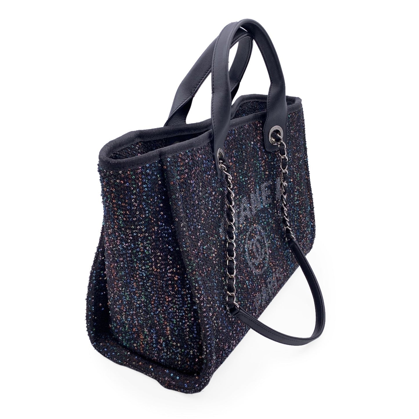 CHANEL Black Sequin Sparkle Canvas Medium Deauville Tote Bag