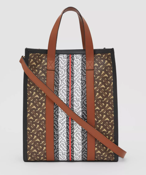 Burberry Monogram Stripe E-Canvas Portrait Tote Bag Bridle Brown