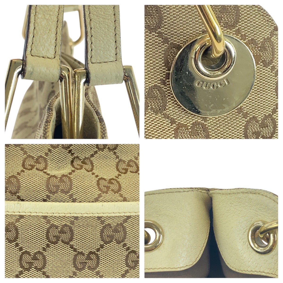 GUCCI Tote Bag GG canvas, leather Beige Ivory Gold Metal Tote Bag Shoulder Bag Women