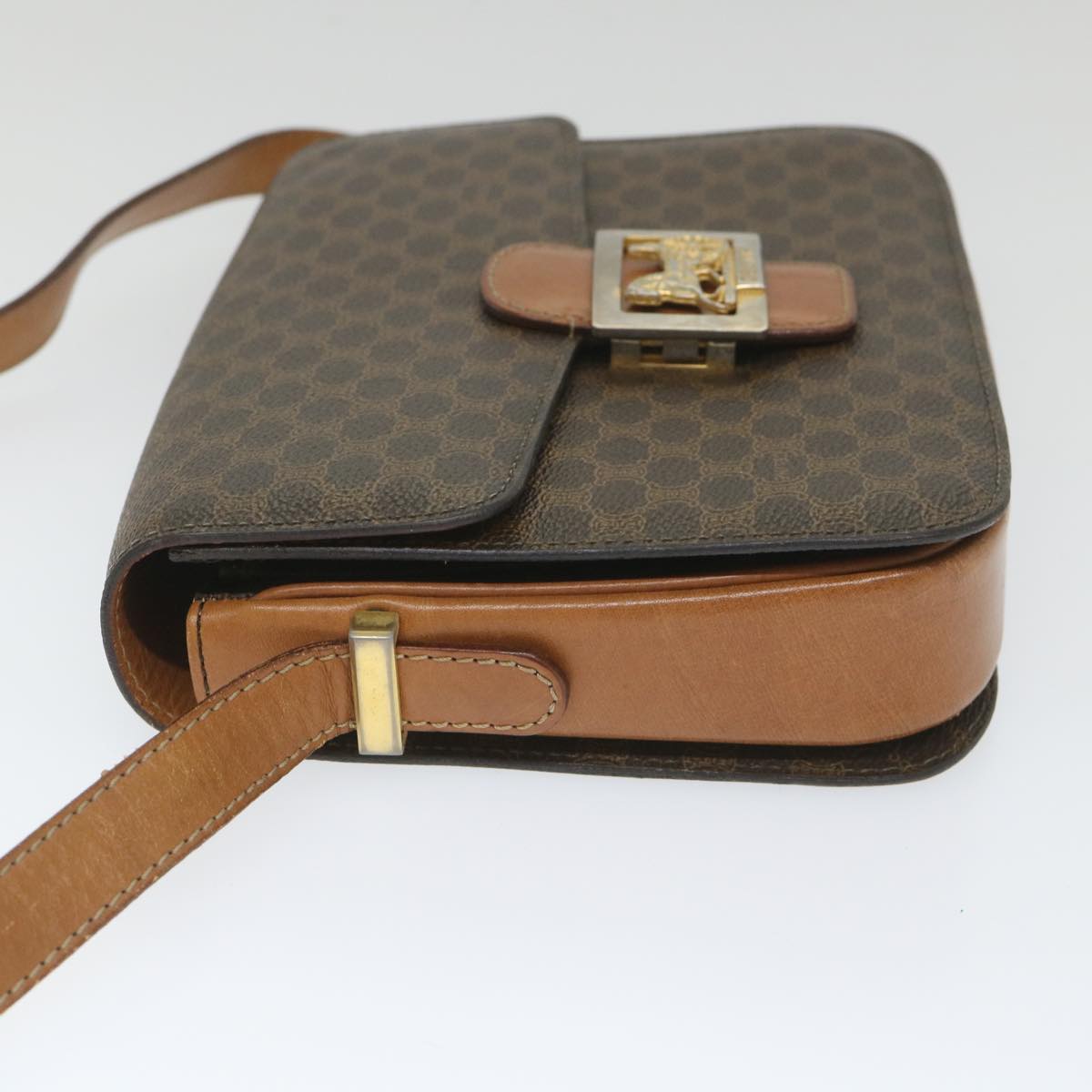 Luxury CELINE Macadam Canvas Horse Carriage Shoulder Bag PVC Leather Brown 57374
