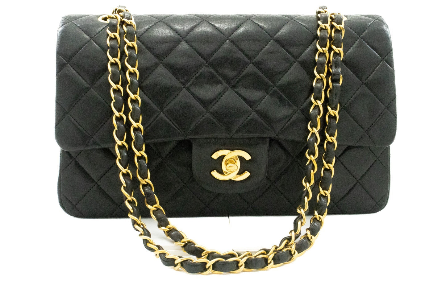 CHANEL Classic Double Flap 10" Chain Shoulder Bag Black Lambskin
